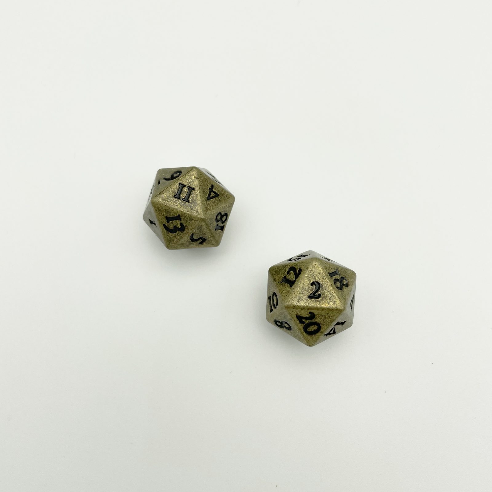 Custom metal D20 dice close-up, colored plating OEM