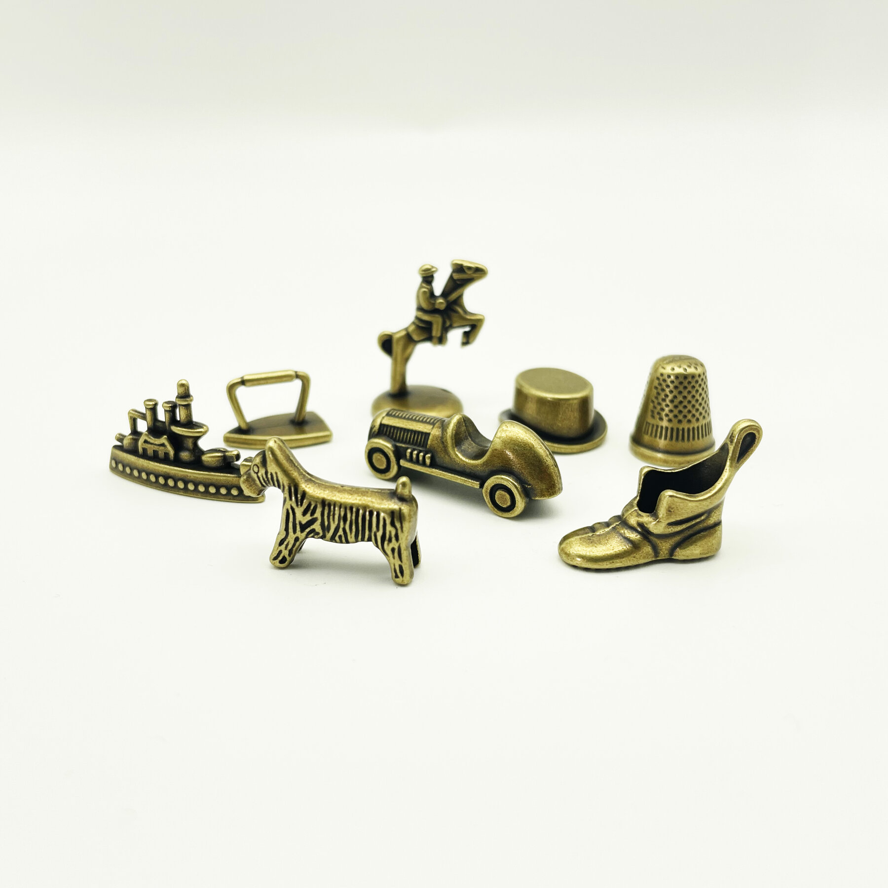 Custom metal board game pieces and tokens in mixed finishes, OEM set