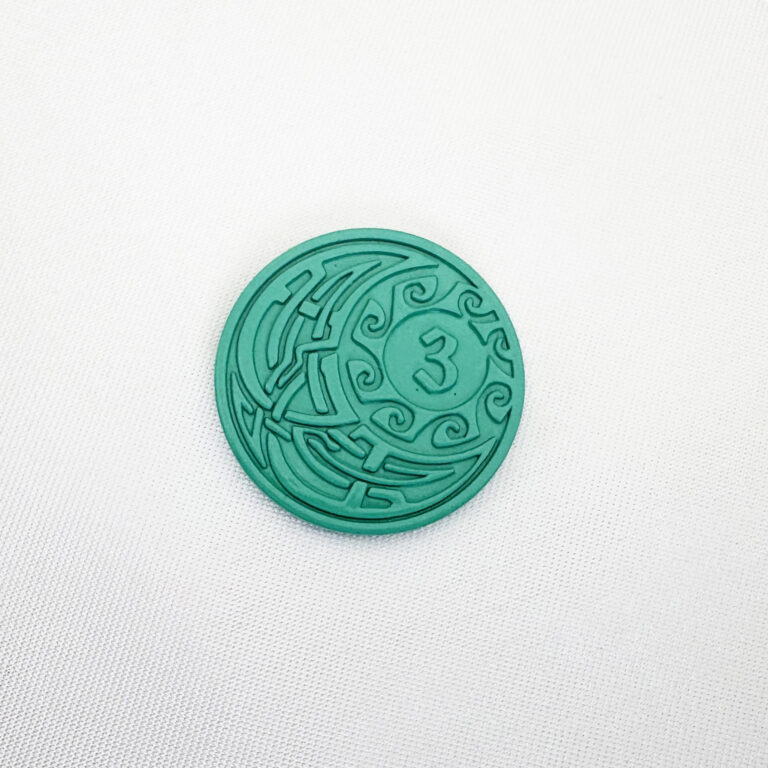 Green painted metal board game coin with raised value 3, colour-coded denomination token sample from Dongguan factory